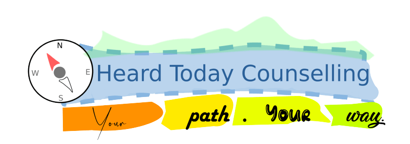 Heard Today Counselling- Logo , stylised green mountains at the top of the page, blue background (water) in the middle with the text 'Heard Today Counselling' below the water are 4 brightly coloured stepping stones/ dry stone wall pieces moving left to right- in orange, yellow, lime green, and bright green, on the stones there is text that says 'your path. your way.' on the left hand side of the logo is a magnetic compass.